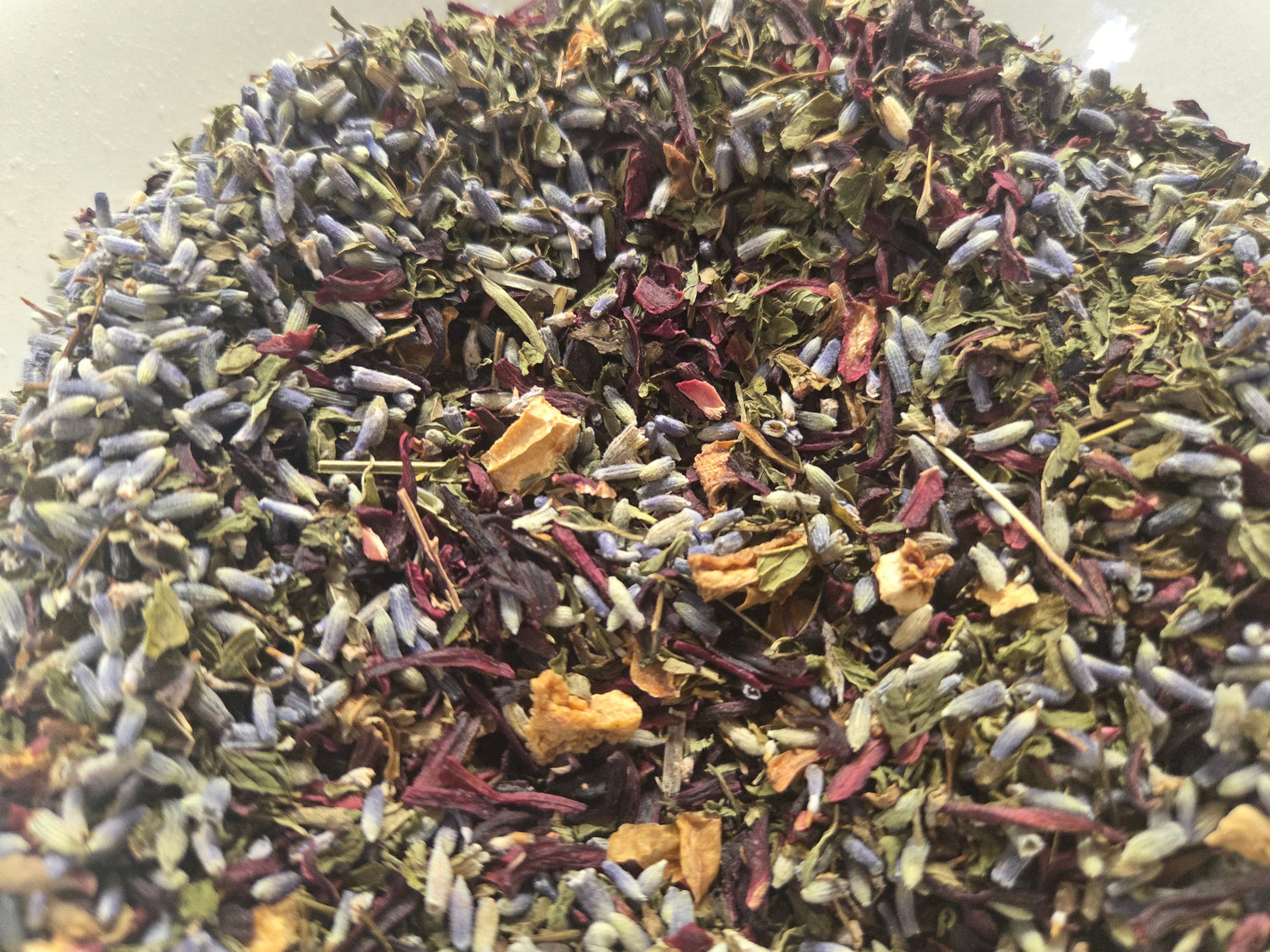 Lavender buds, rose petals, and lemon peel tea